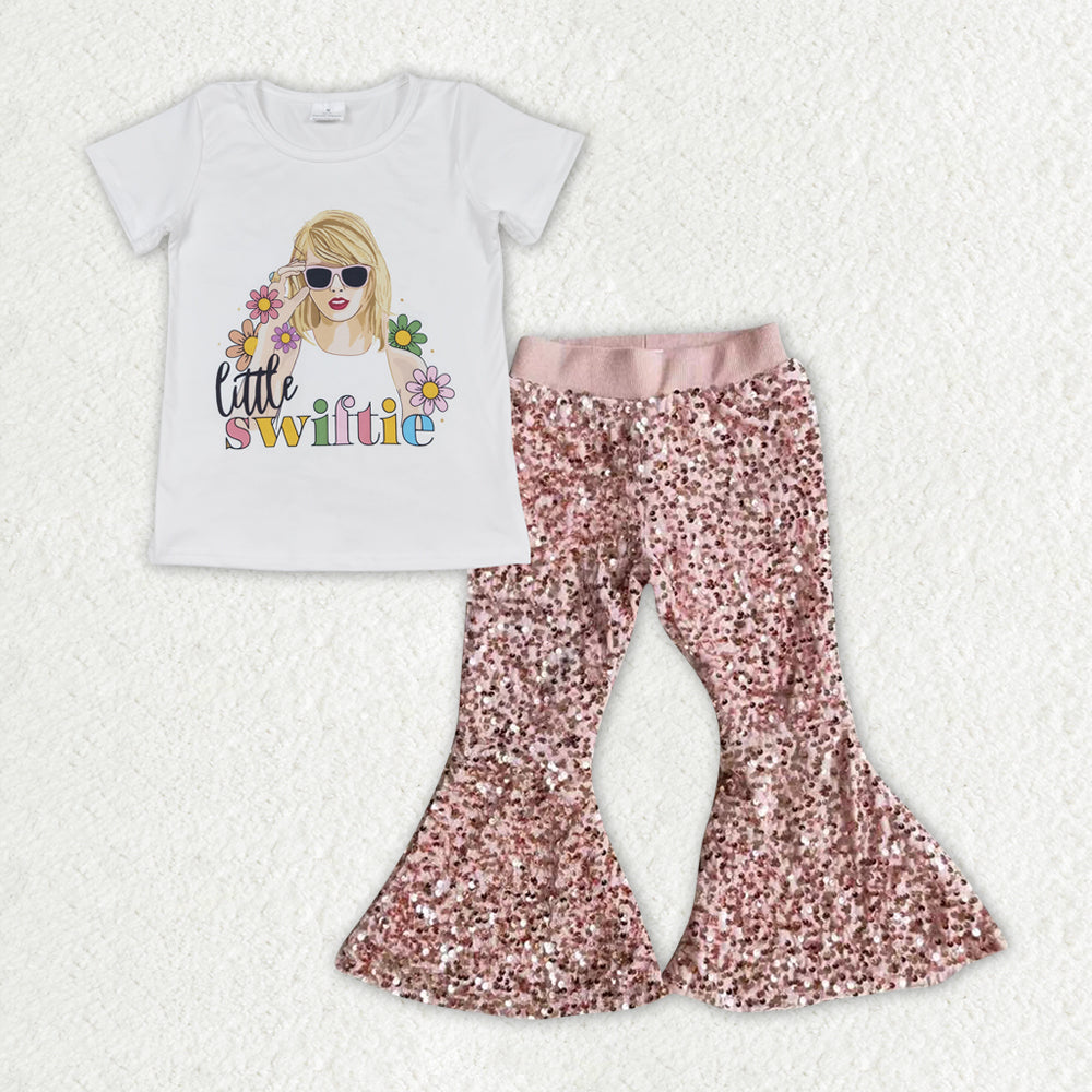 Country music singer shirt matching sequins bell bottoms 2pcs clothing set