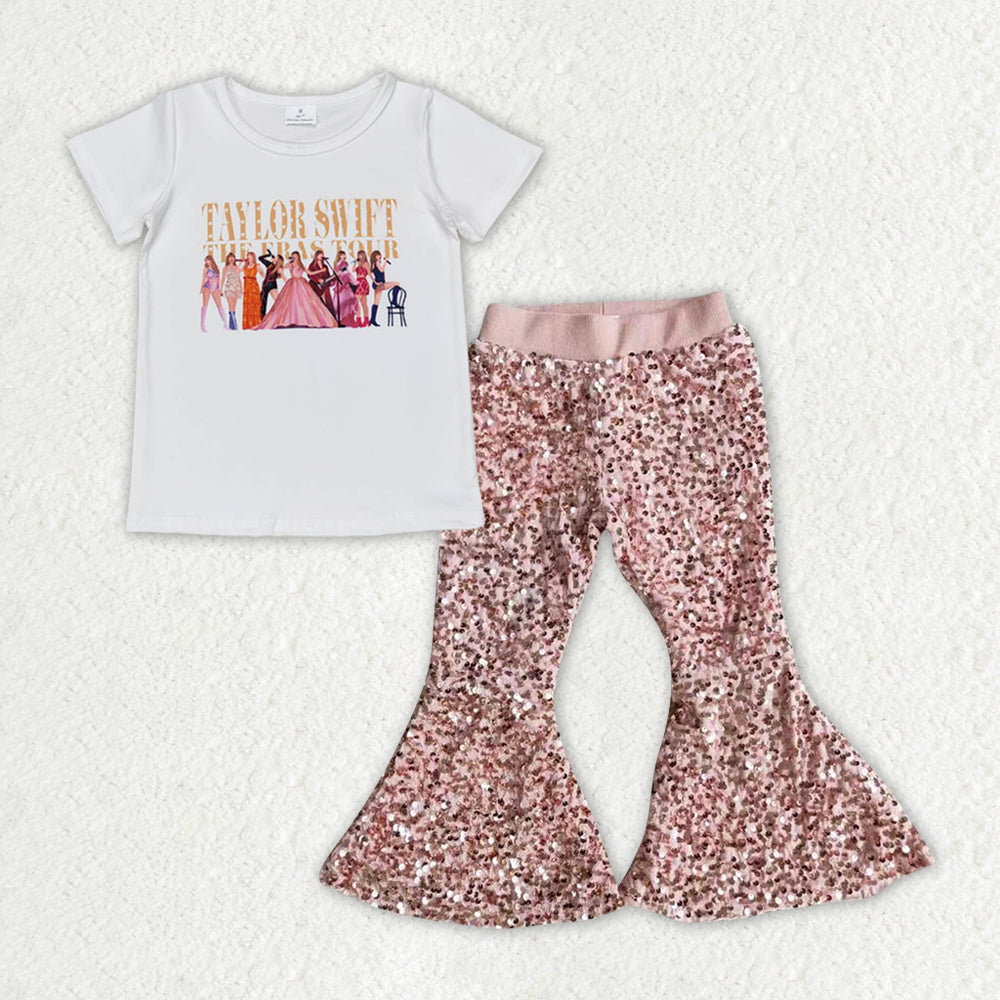 Country music singer shirt matching sequins bell bottoms 2pcs clothing set