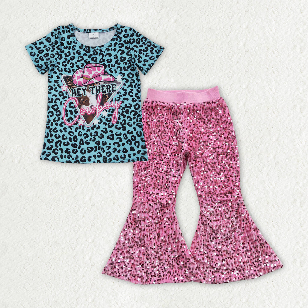 Western cowgirl short sleeve top pink sequins bell bottoms clothes set preorder