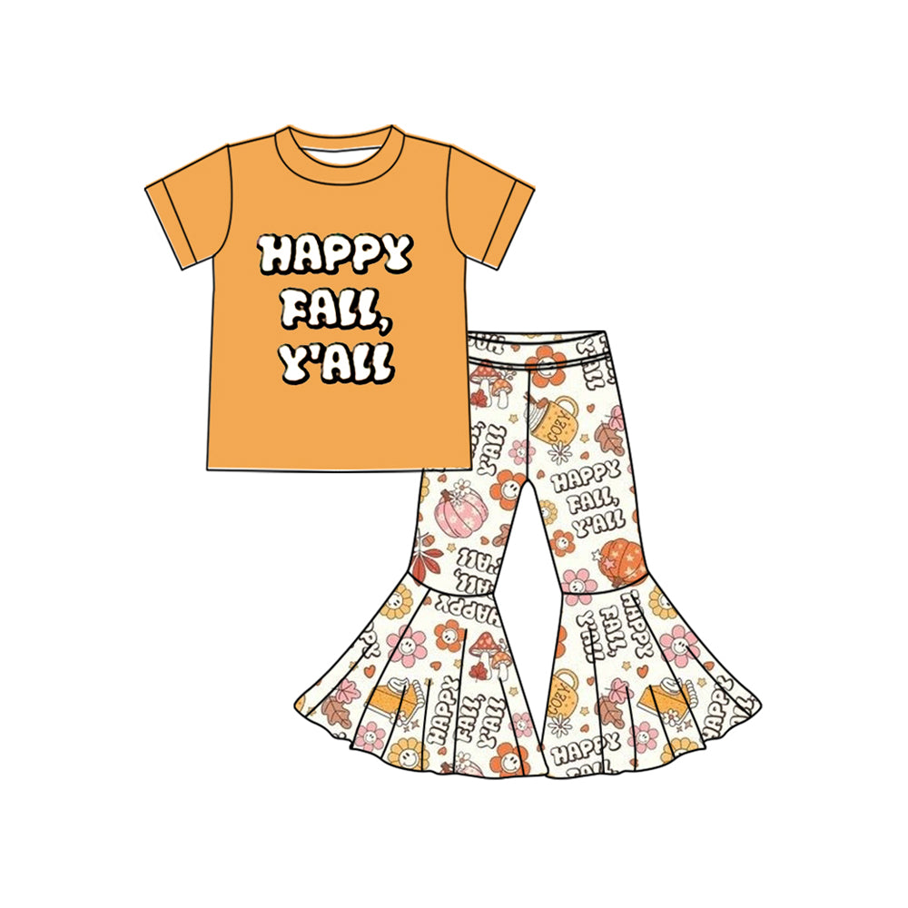 Happy fall yall girls pumpkins shirt bell bottoms kids clothing set preorder