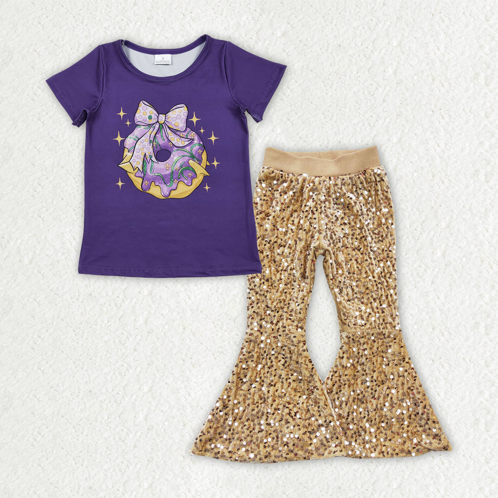 Mardi Gras t-shirt matching sequins bell bottoms 2pcs clothing set