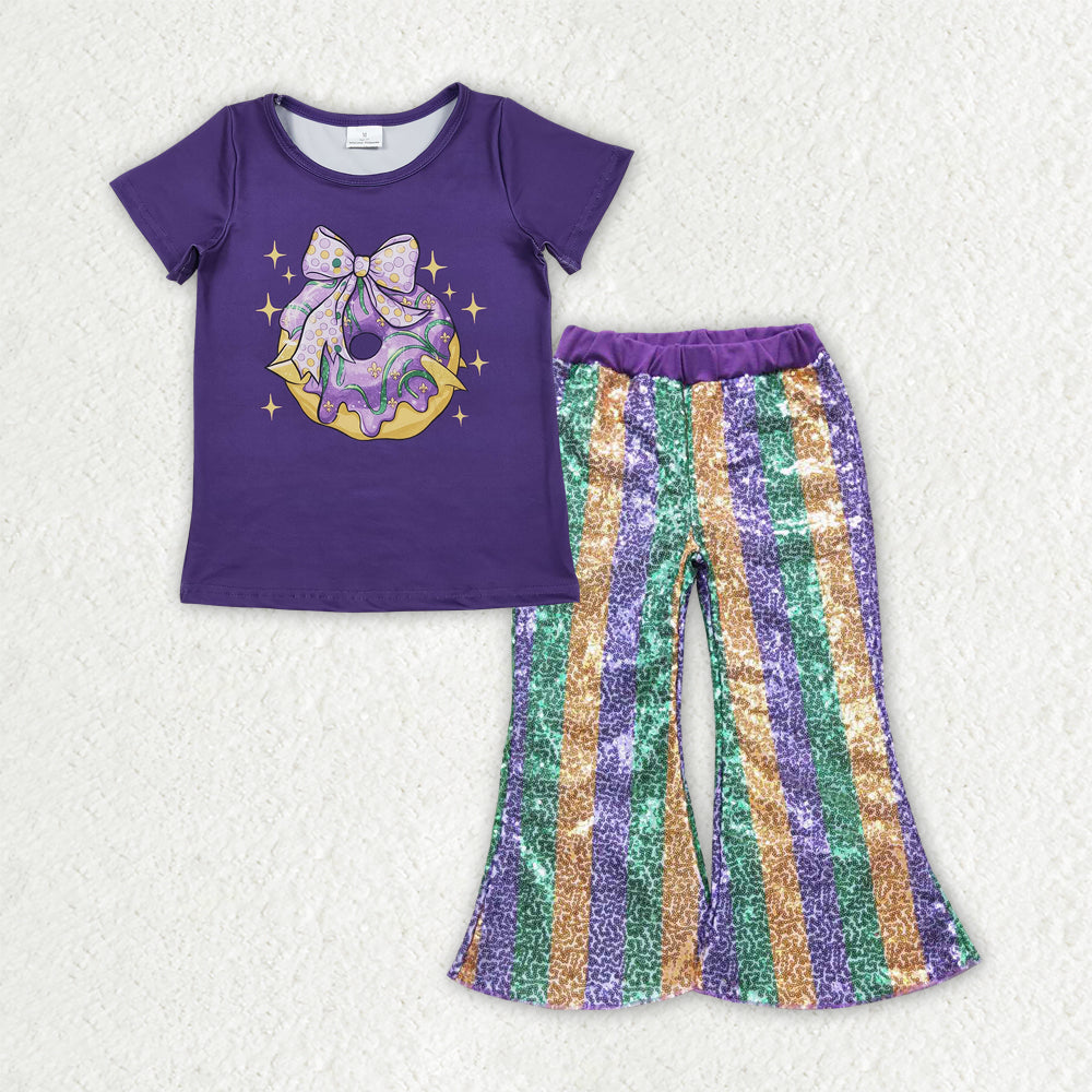 Mardi Gras t-shirt matching sequins bell bottoms 2pcs clothing set