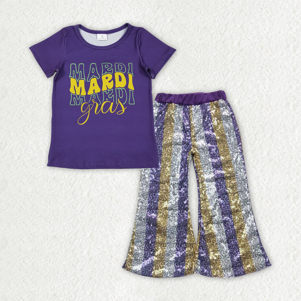 Mardi Gras t-shirt matching sequins bell bottoms 2pcs clothing set