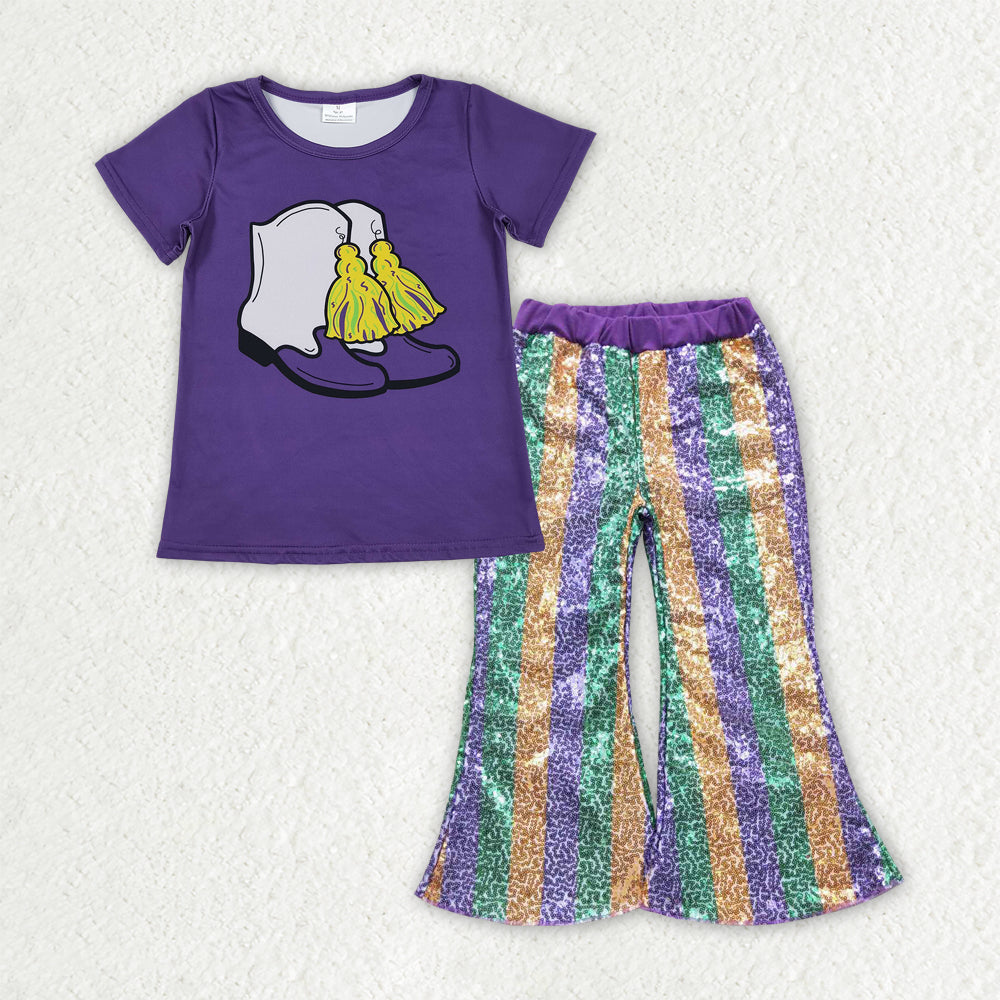 Mardi Gras t-shirt matching sequins bell bottoms 2pcs clothing set