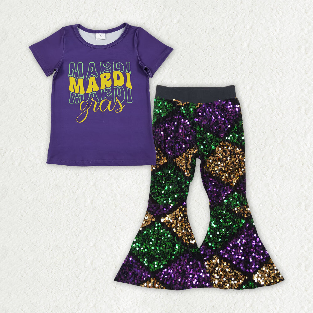 Mardi Gras t-shirt matching sequins bell bottoms 2pcs clothing set