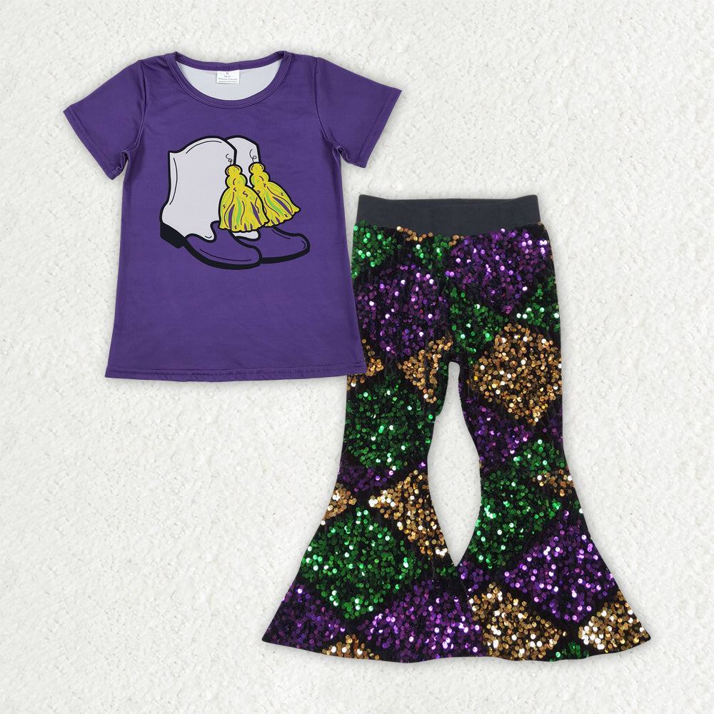Mardi Gras t-shirt matching sequins bell bottoms 2pcs clothing set