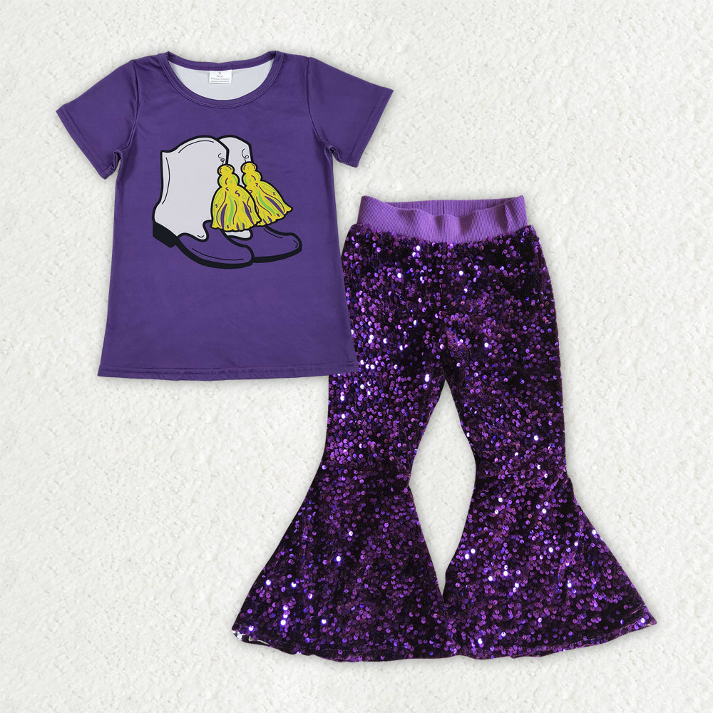 Mardi Gras t-shirt matching sequins bell bottoms 2pcs clothing set
