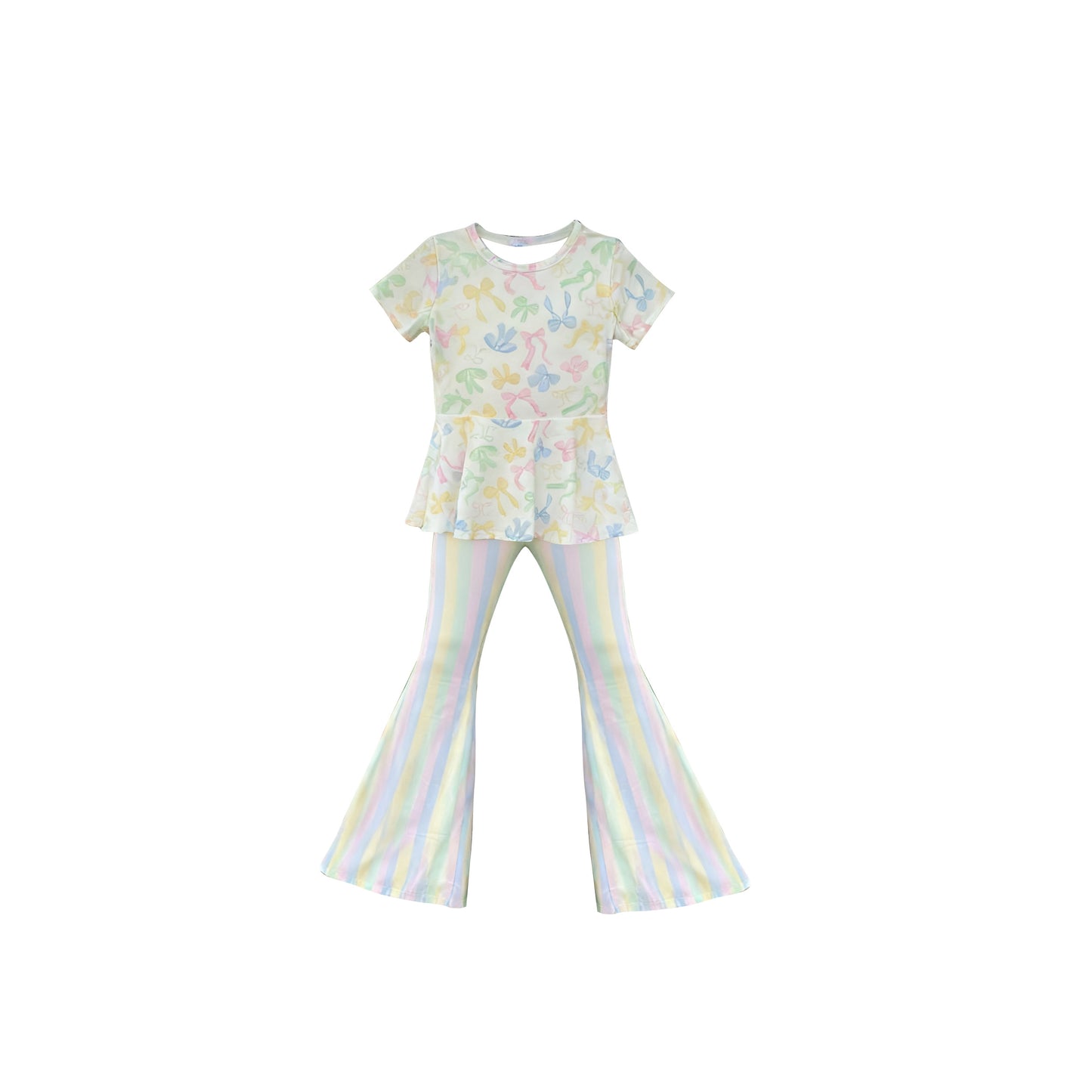 Colorful bow shirt matching pants girls short sleeve outfit preorder