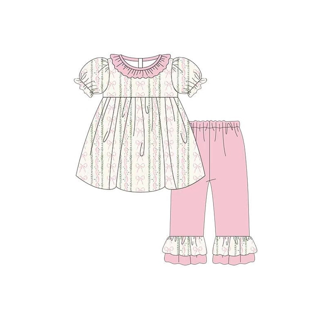 Pink bow print short sleeve top matching pants kids outfit preorder