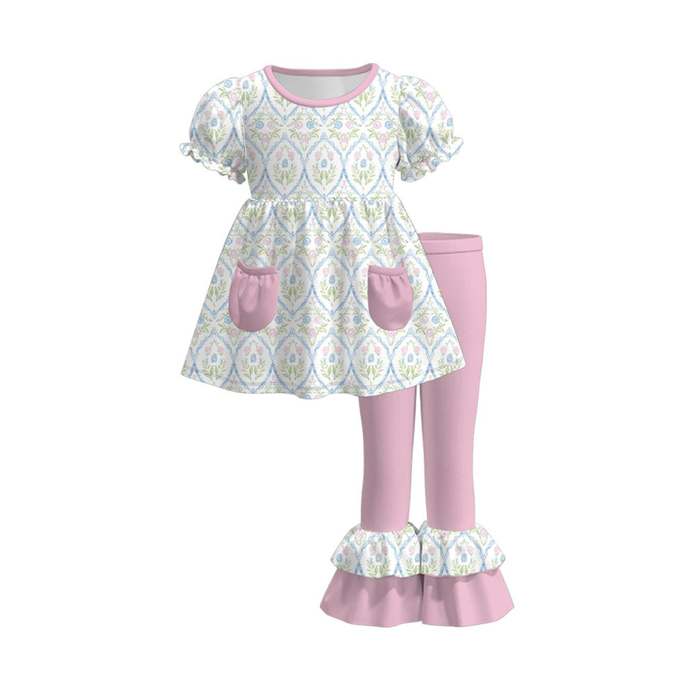 Blue floral short sleeve pocket top matching pants kids outfit preorder