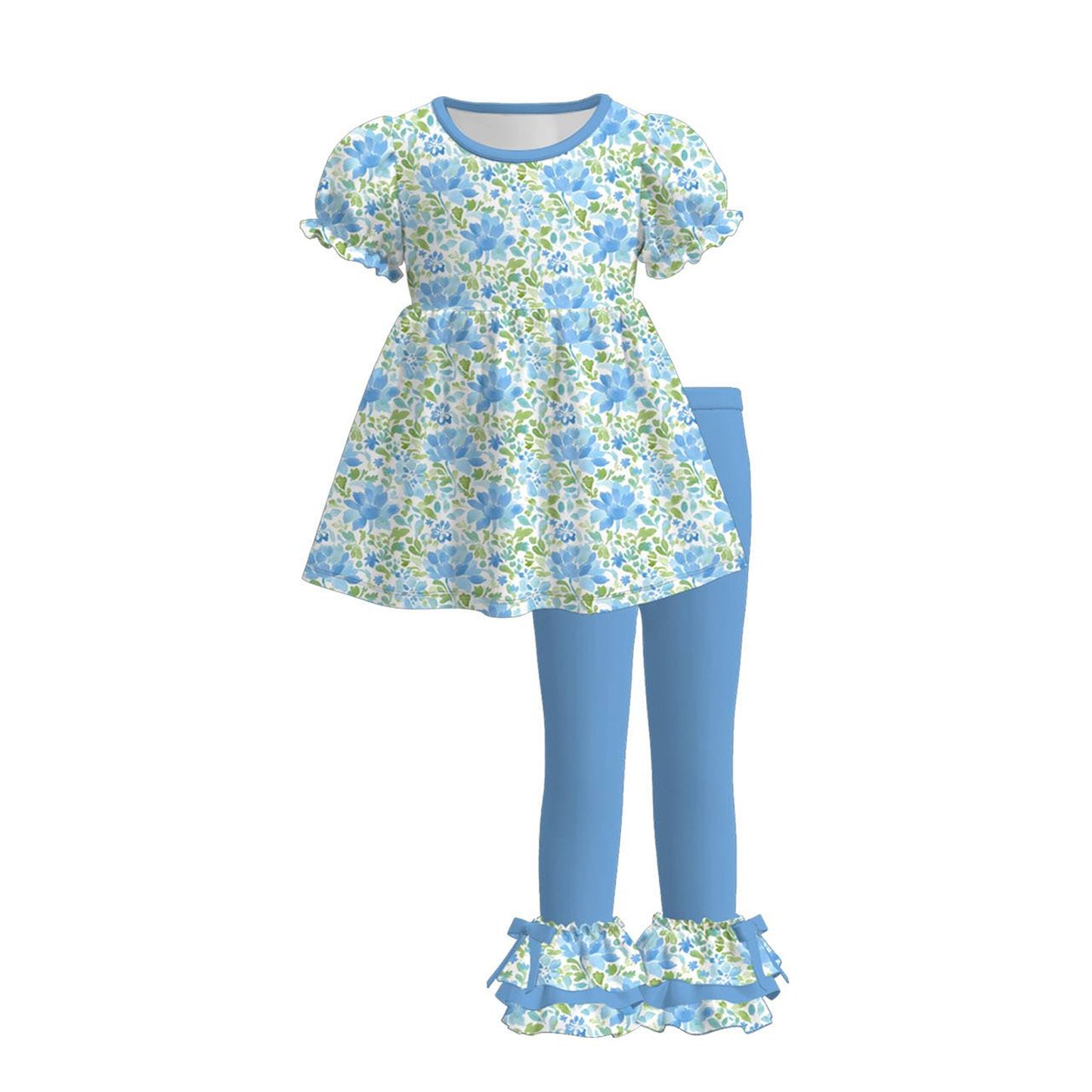 Blue floral design short sleeve pocket top matching pants kids outfit preorder