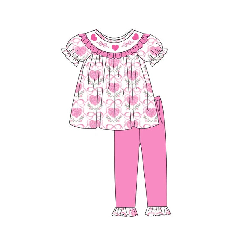 Valentines heart pink bow top leggings kids girls outfit preorder