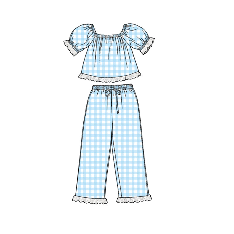 Blue short sleeve top matching pants girl outfit preorder