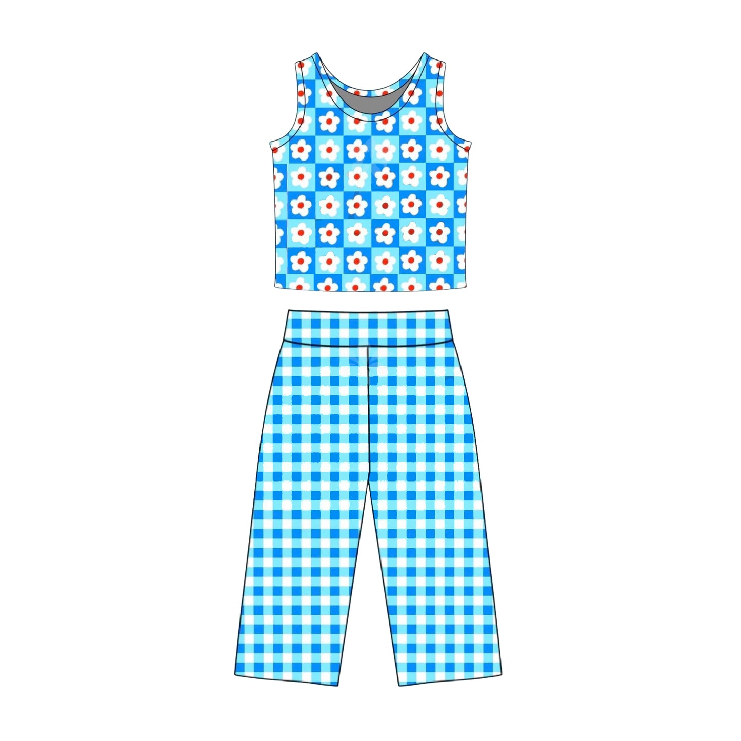 Blue Flowers top matching pants girls summer outfit preorder