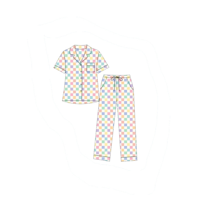 Colorful plaid short sleeve top matching pants girls pajama set preorder