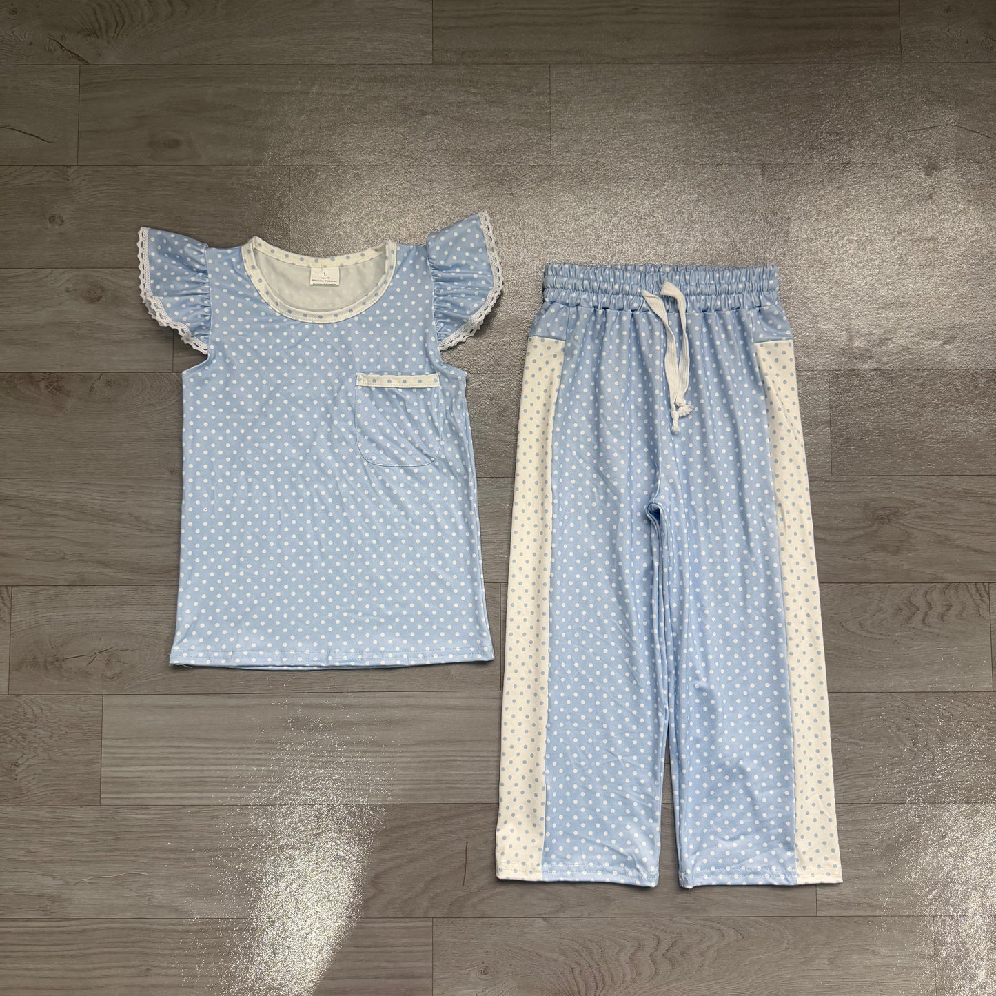 Blue print short sleeve top matching pants girl outfit preorder