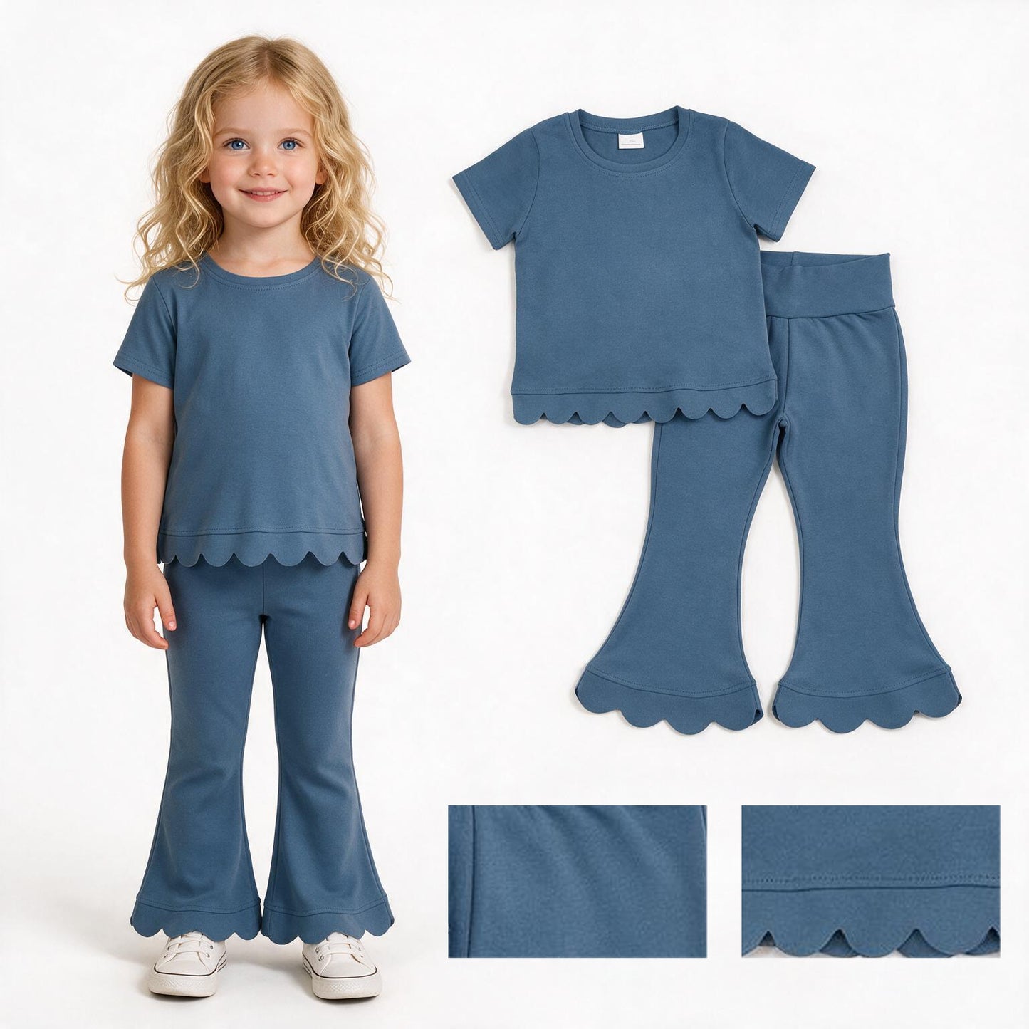 Girl dusty blue short sleeve scallop top matching pants wholesale outfit