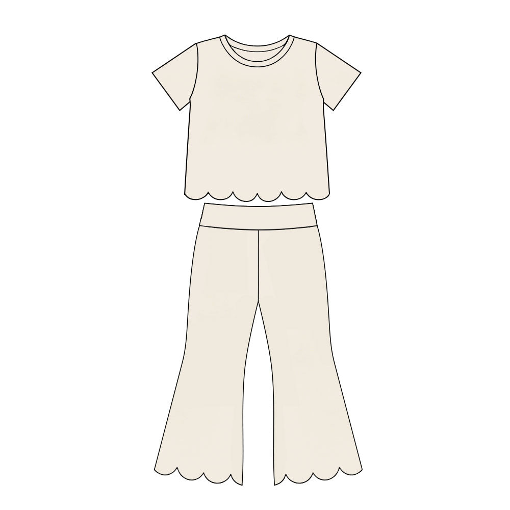 Girl cream color short sleeve scallop top matching pants wholesale outfit preorder