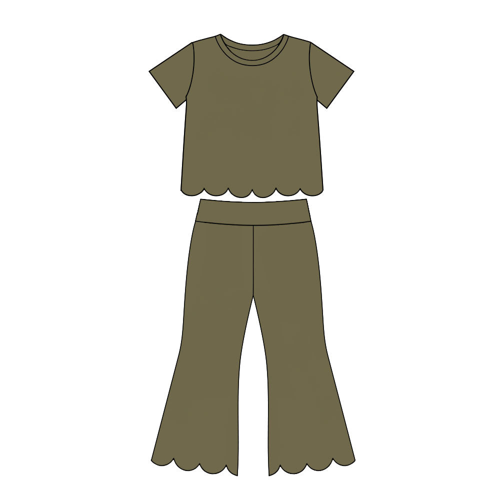 Girl olive green color short sleeve scallop top matching pants wholesale outfit preorder
