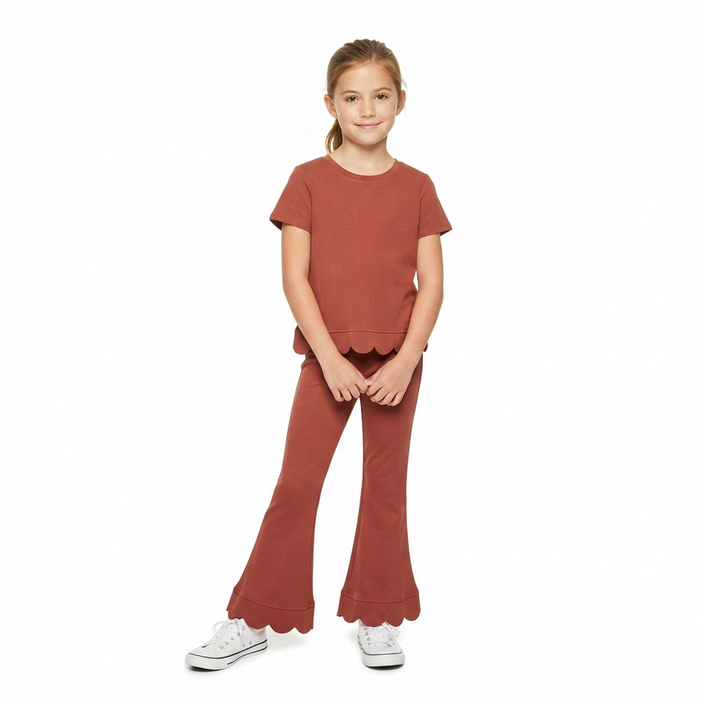 Girl brown color short sleeve scallop top matching pants wholesale outfit