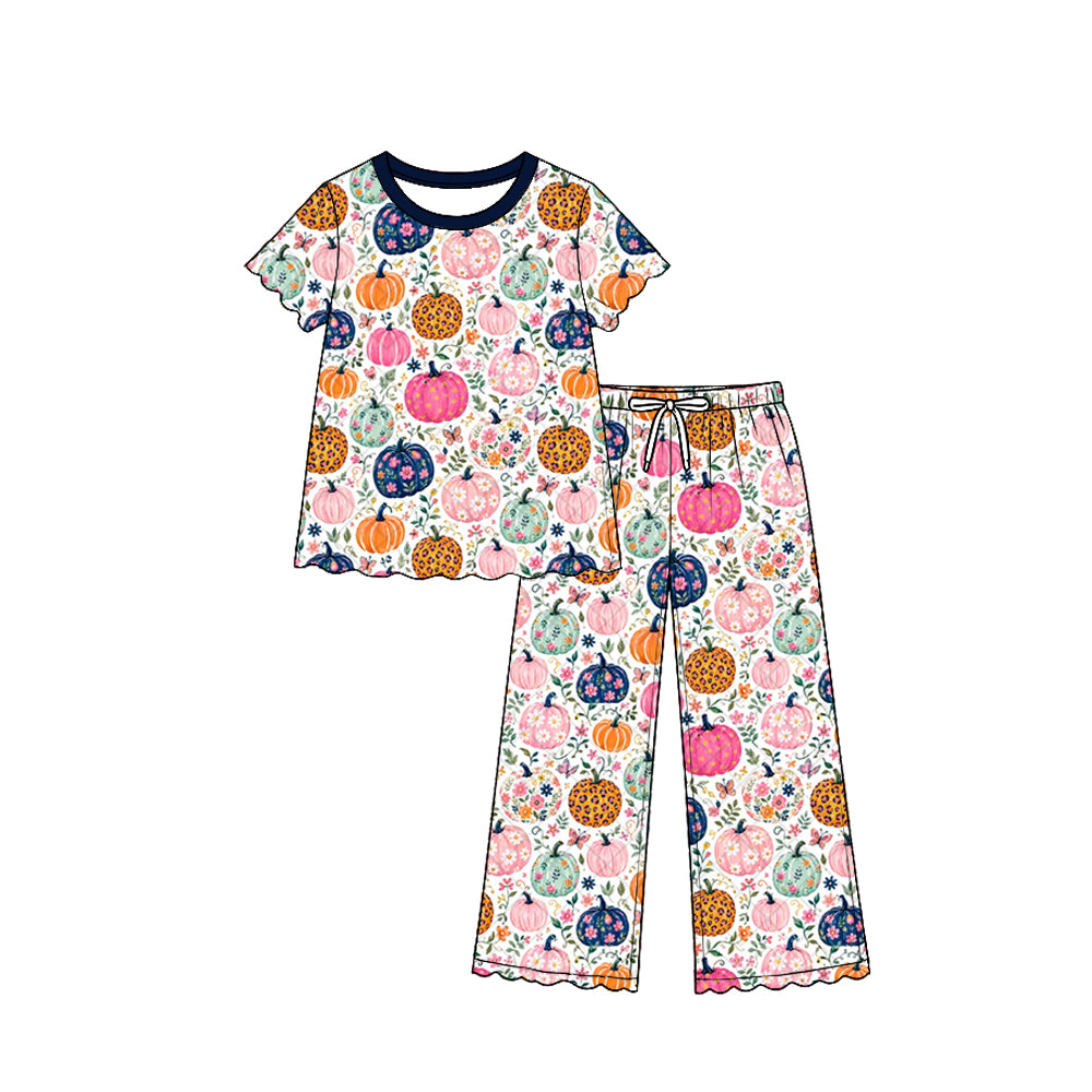 Colorful pumpkin top matching pants girls short sleeve outfit preorder