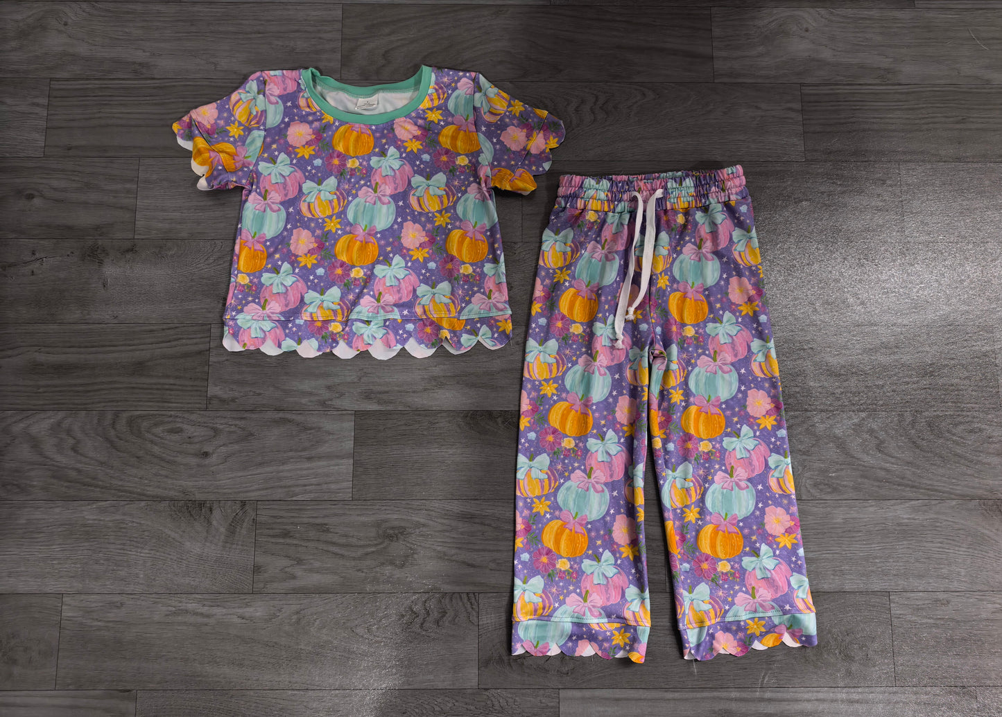 Colorful pumpkin top matching pants girls short sleeve outfit preorder