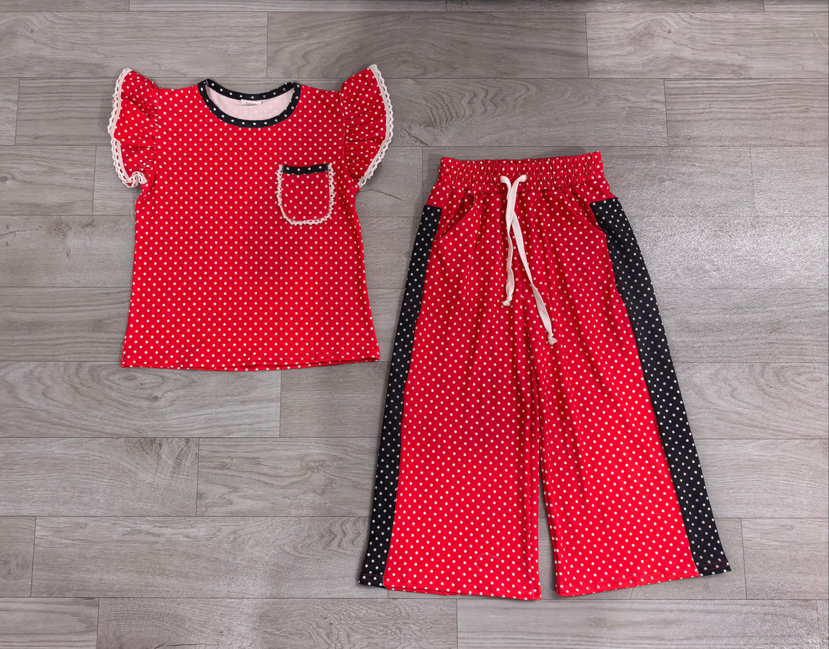 Red polka dots flutter sleeve top matching pants girls outfit preorder