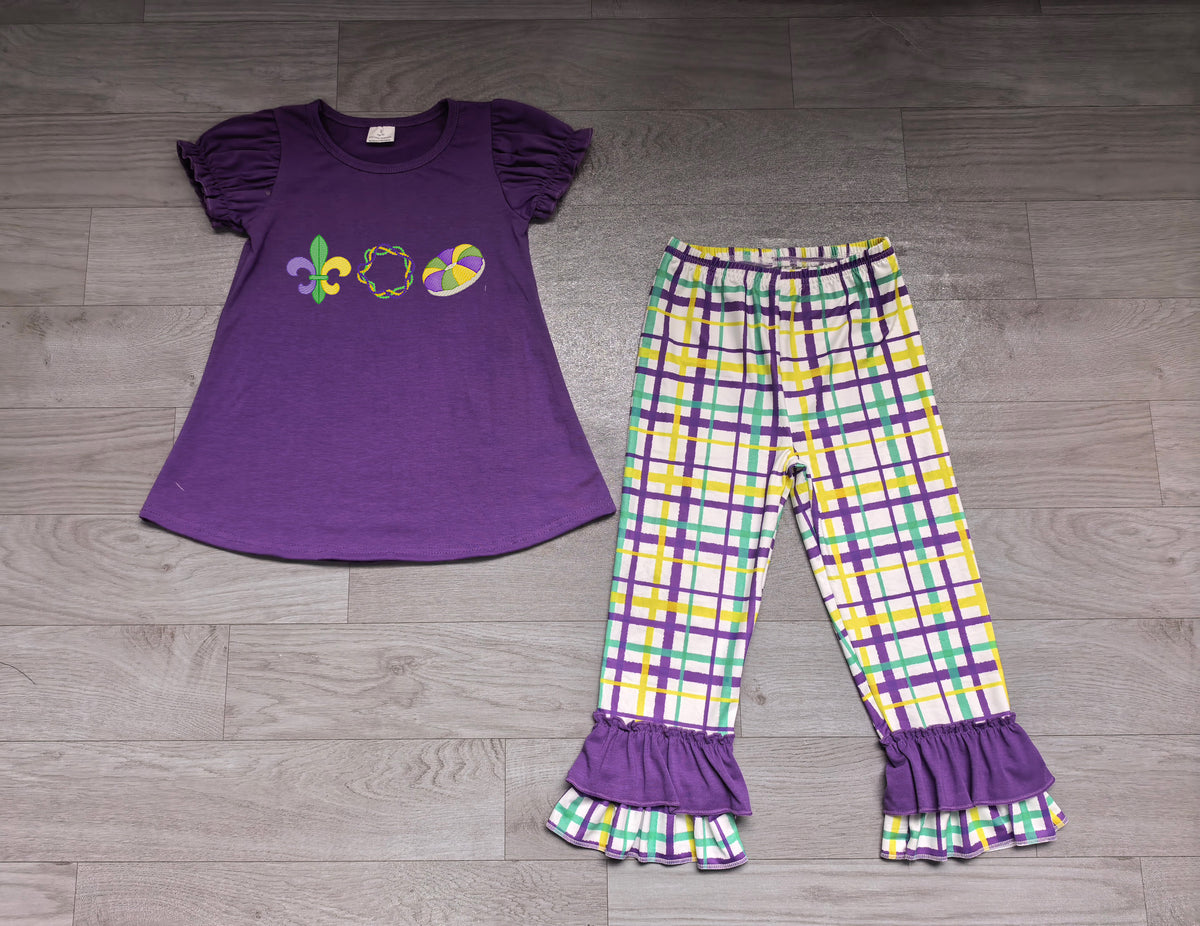 Mardi gras color short sleeve embroidery top matching pants girls holiday outfit preorder