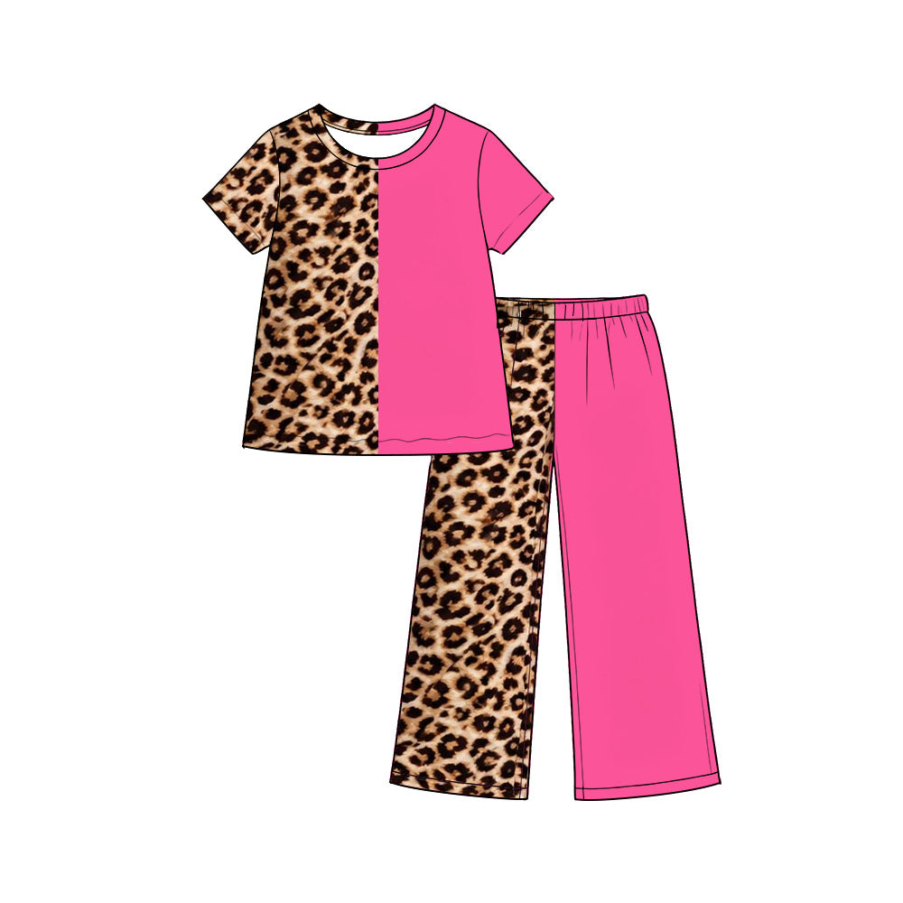 Leopard hot pink girls short sleeve top pants set outfit preorder