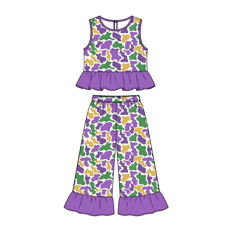 Mardi Gras camo print sleeveless top matching pants girs outfit preorder