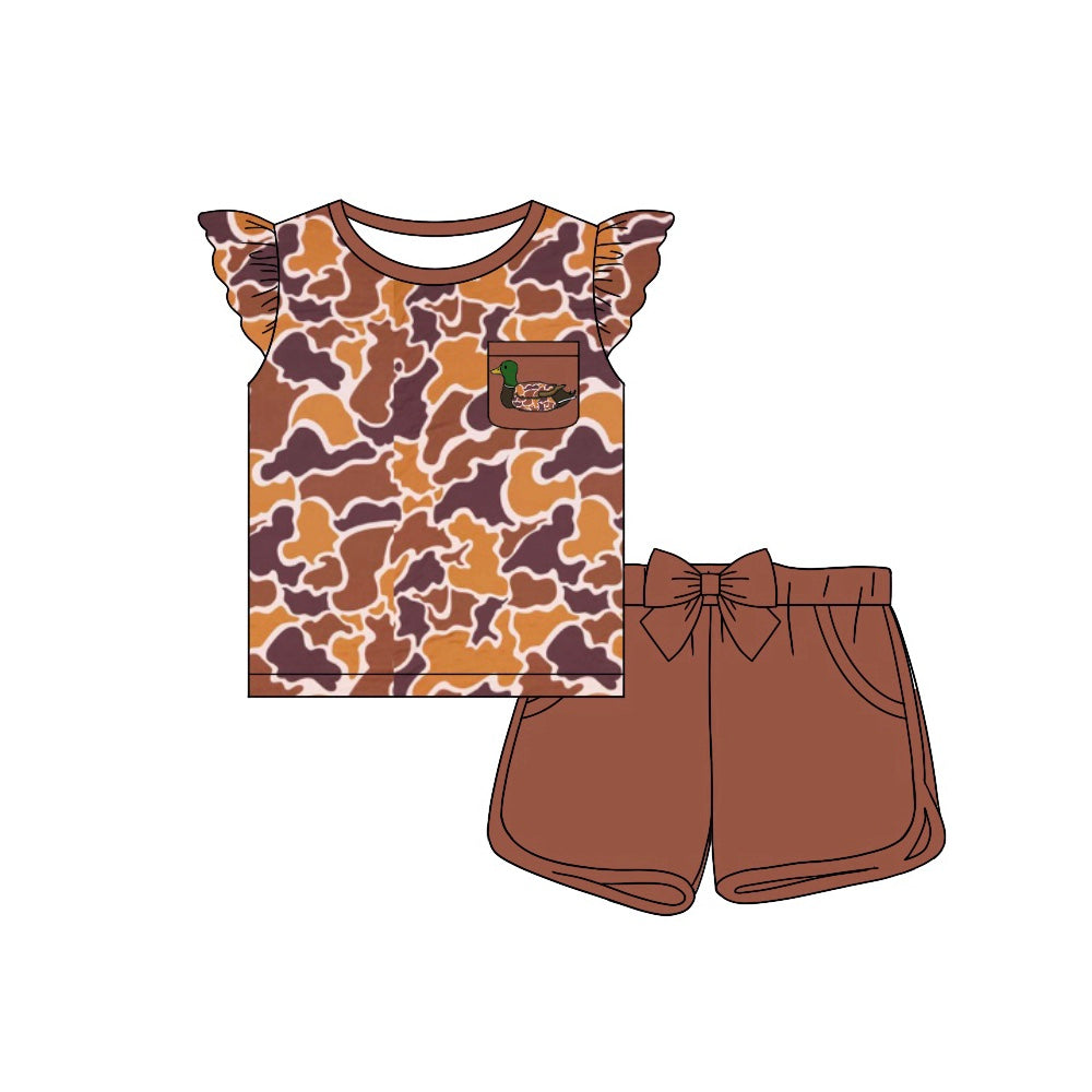 Brown camo mallard duck baby girl summer shorts outfit preorder