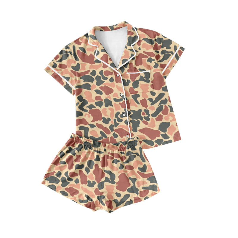 Adult women pink navy camo short sleeve pajama set preorder
