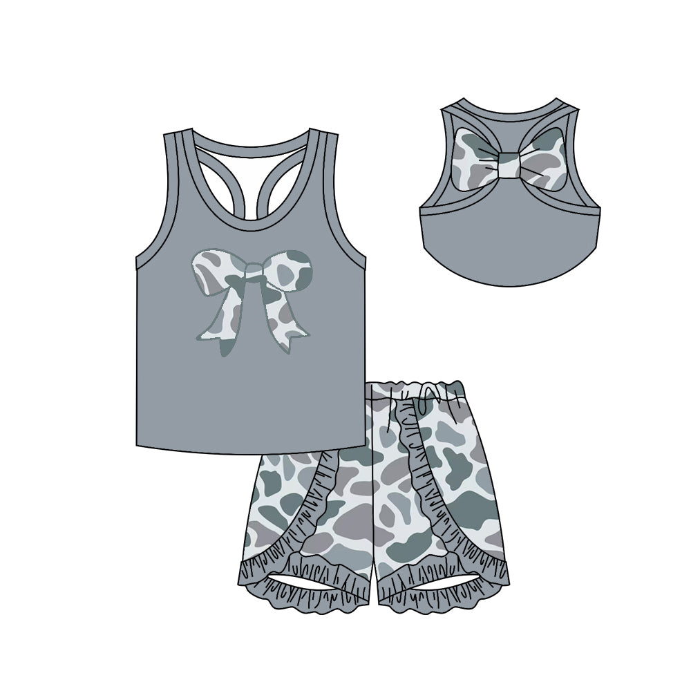 Baby girl grey camo bow summer outfit preorder