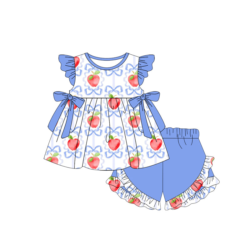 Baby girl blue bow peach print summer outfit preorder