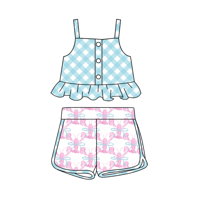 Toddle baby girl blue plaid top crawfish shorts outfit preorder