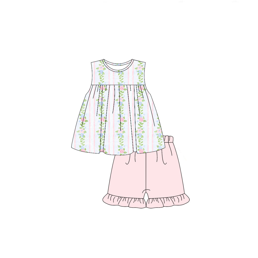 Blue pink flower baby girl summer outfit preorder
