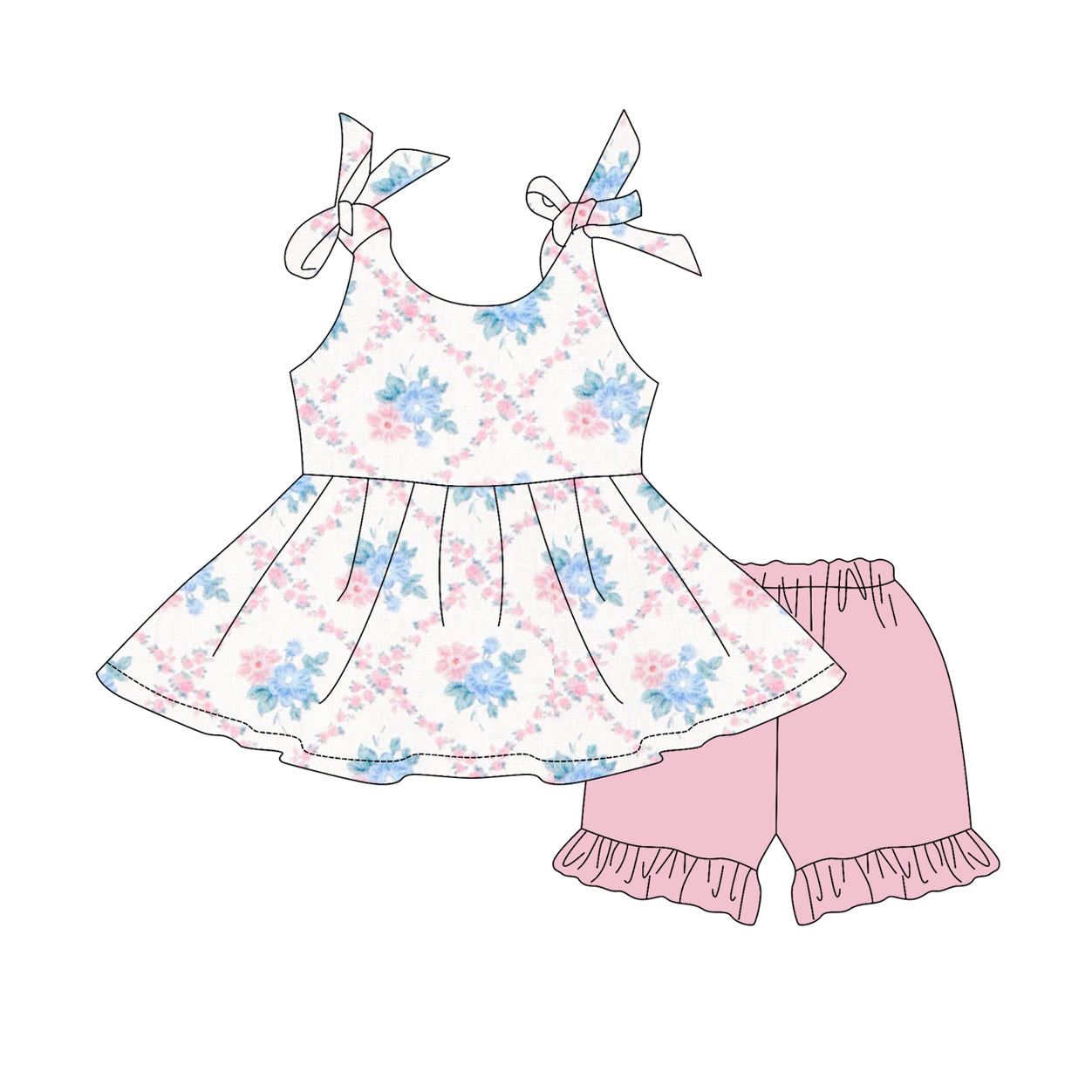 Blue pink flowers baby girls summer outfit preorder
