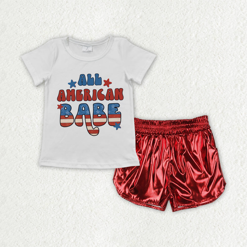 July 4th shirt red pu shorts girl summer outfit