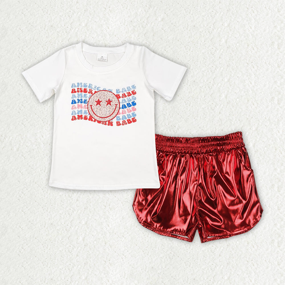 July 4th smile face shirt red pu shorts girl summer outfit