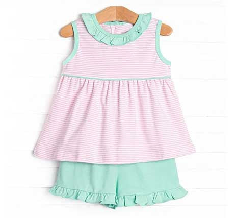 Pink stripes shirt ruffle shorts girls design summer outfit preorder