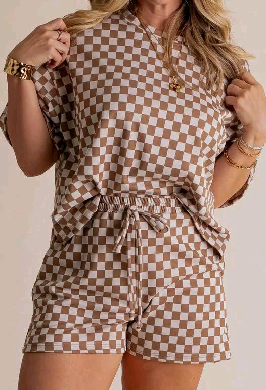 Adult Women khaki checkered summer pajama set preorder