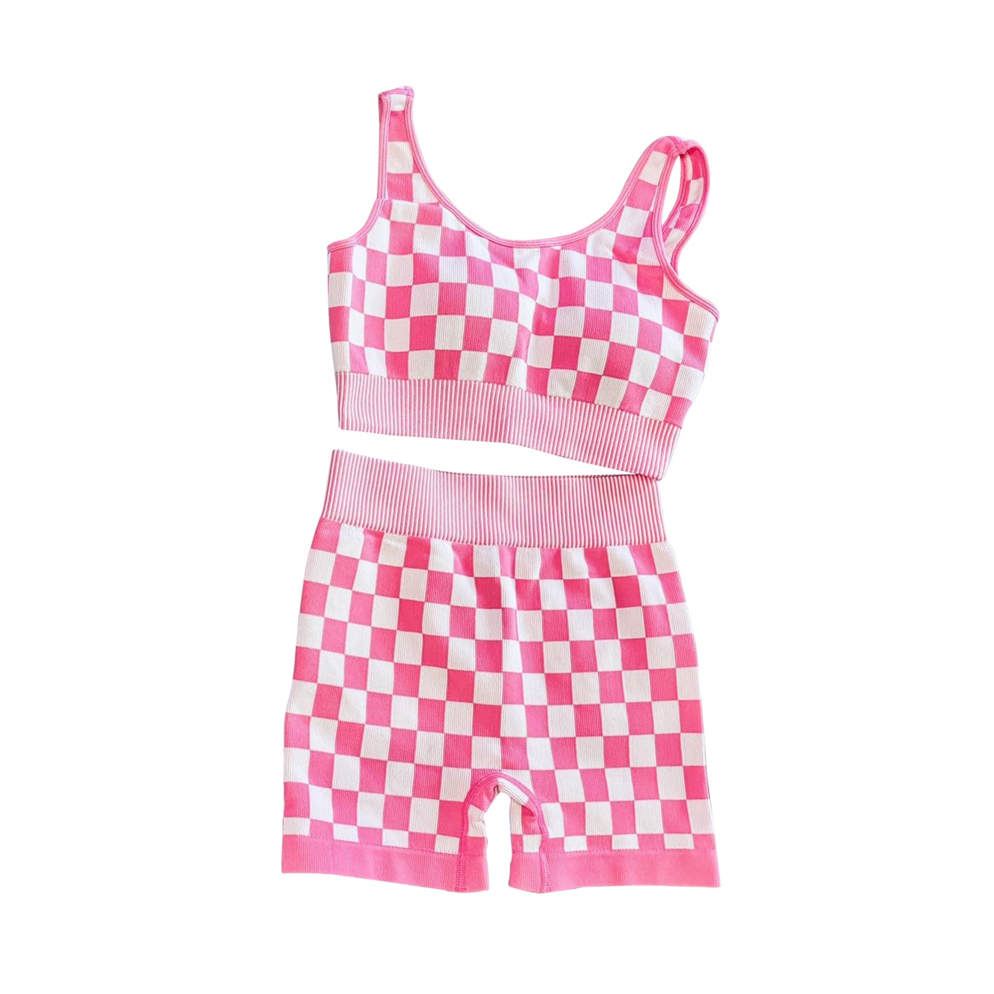 Adult pink plaid active wear shirt matching shorts athletic summer yoga outfit preorder