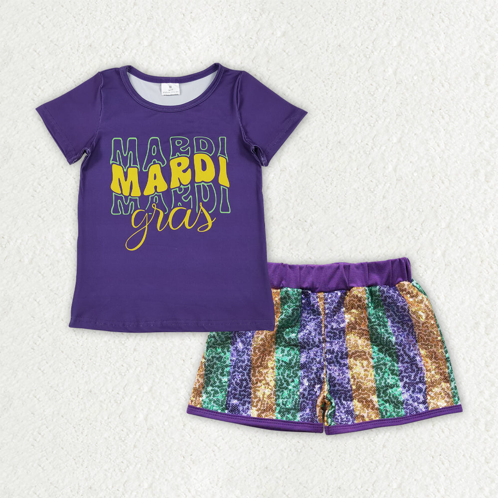 RTS NO MOQ mardi gras shirt matching sequins shorts girls outfit