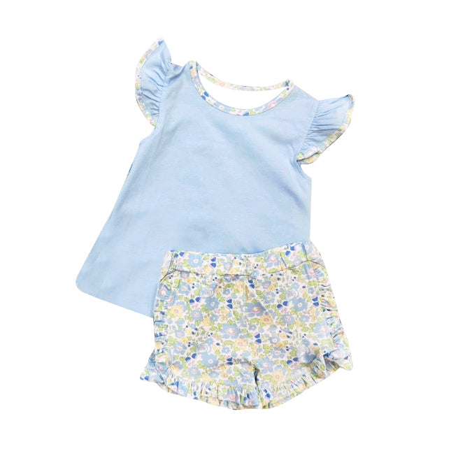 Kids blue top floral shorts summer outfit preorder