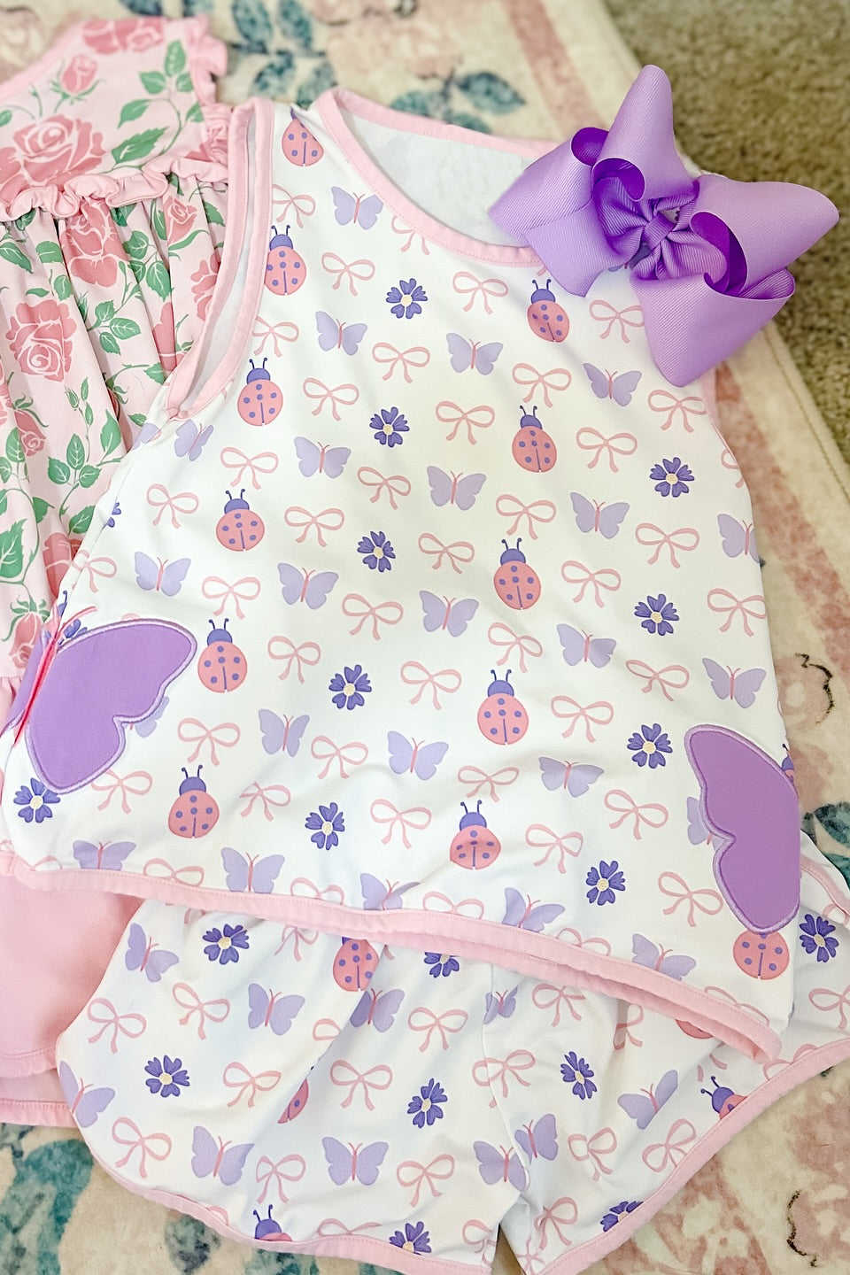 Pink bow ladybug print summer outfit preorder
