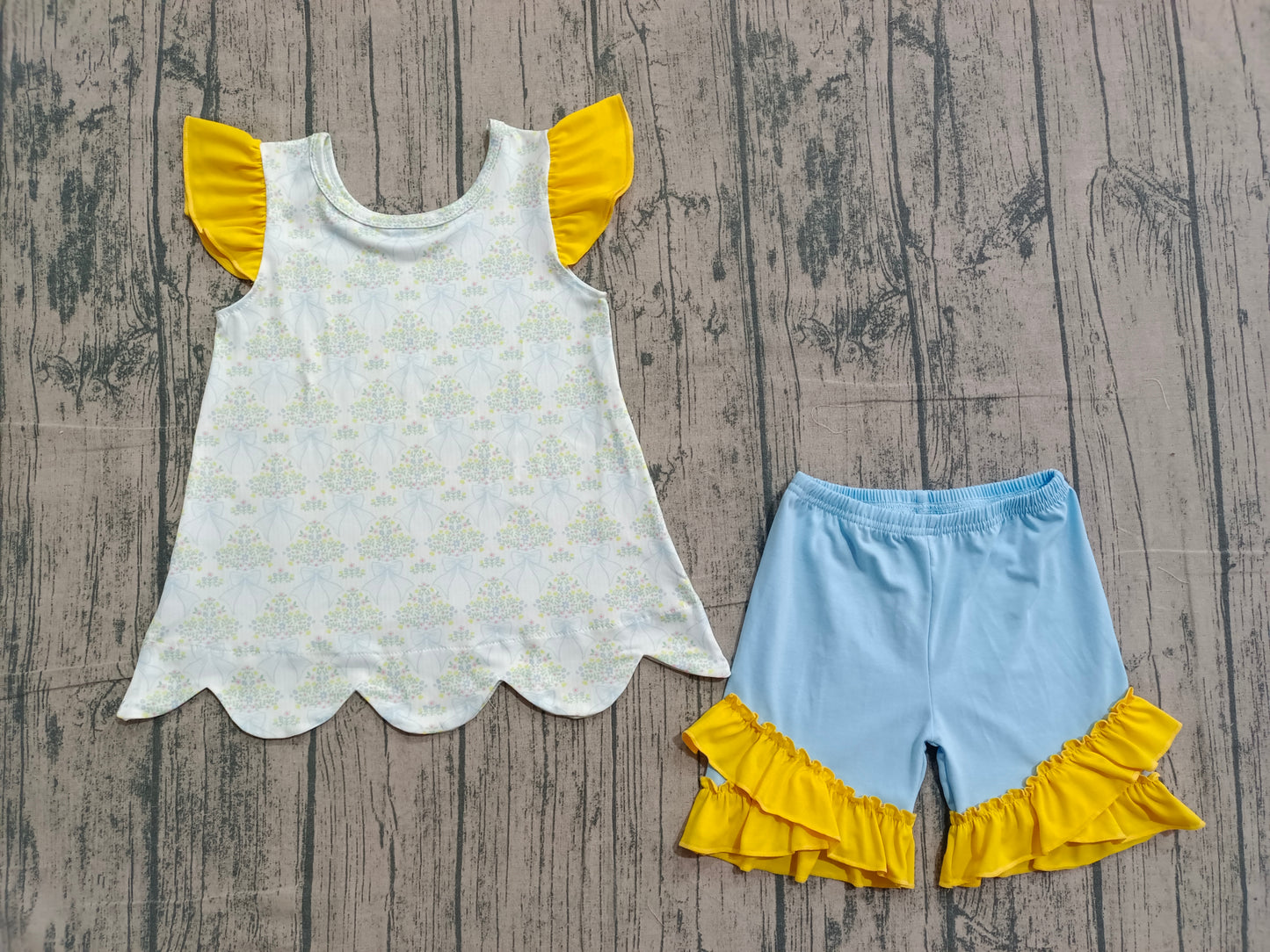 Blue bow floral shirt matching shorts girls summer outfit preorder
