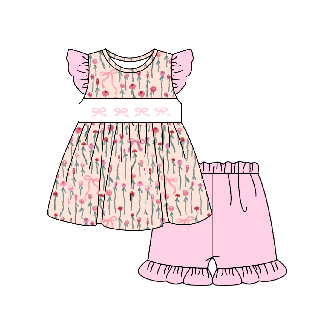 Pink bow shirt matching shorts girls outfit preorder