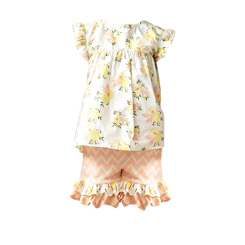 Yellow floral shirt matching shorts girls summer outfit preorder