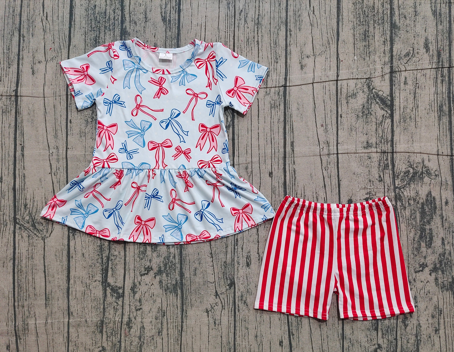 Red pink bow July 4th design top matching shorts girls summer outfit preorder