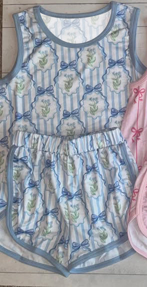 Blue floral top matching shorts girls summer outfit preorder